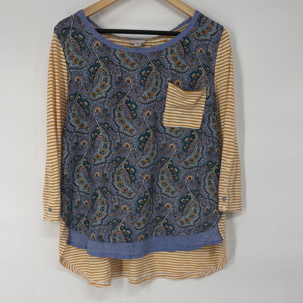 Postmark Anthropologie Mixed Media Paisley Striped High Low Top Blue Mustard L